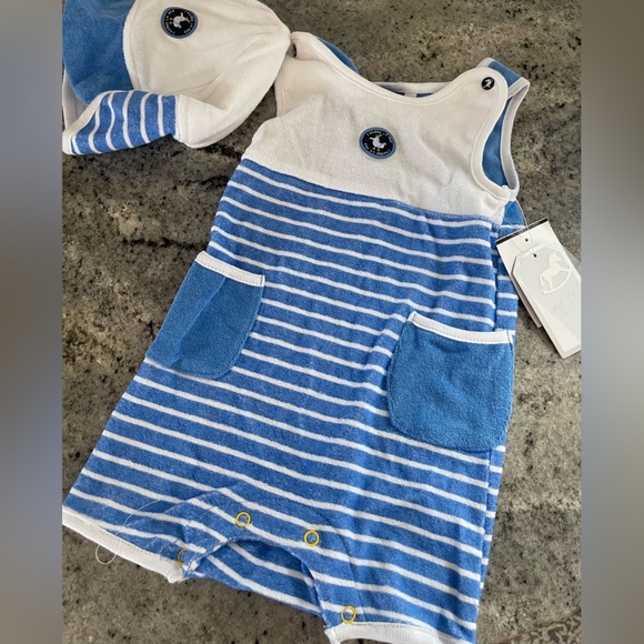 NWT French Blue and White French Terry Romper size 6-12 months with Matching Hat - Picture 1 of 3